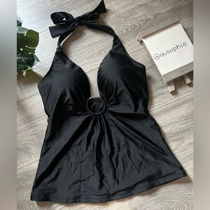 Bar III O Ring Molded Cup Black Solid Halter Tankini Bikini Top. Size S